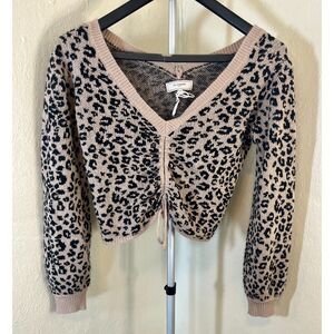 No Comment NY-LA Leopard Print V-Neck Sweater - Tan & Black - Size M